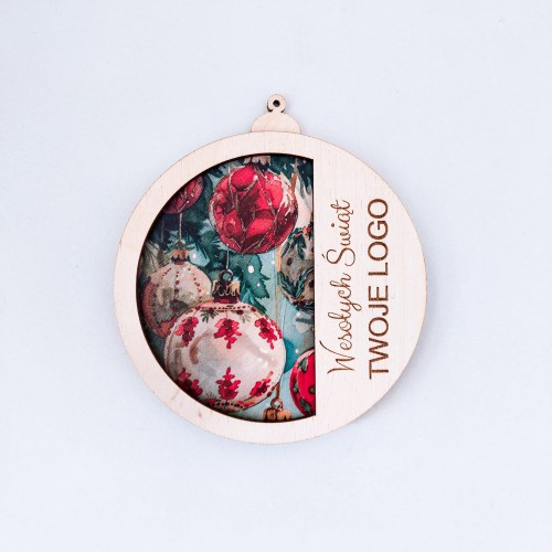 Drewniana bombka na choinkę z logo. Świąteczna ozdoba personalizowana