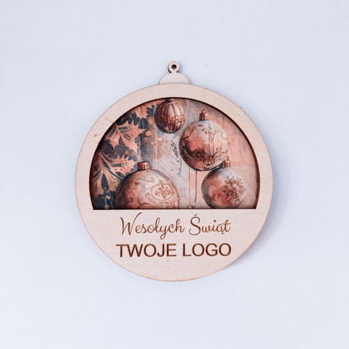 Drewniana bombka na choinkę z logo. Świąteczna ozdoba personalizowana