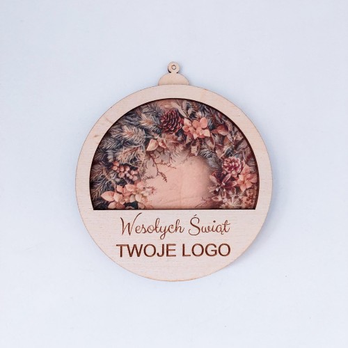 Drewniana bombka na choinkę z logo. Świąteczna ozdoba personalizowana