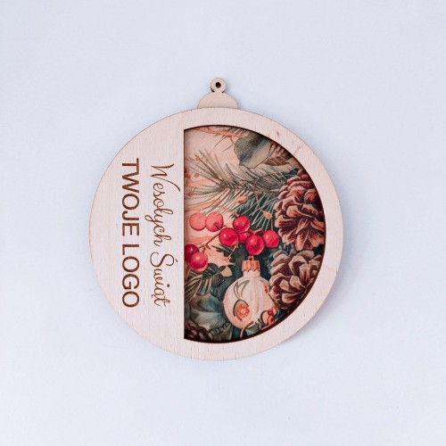 Drewniana bombka na choinkę z logo. Świąteczna ozdoba personalizowana